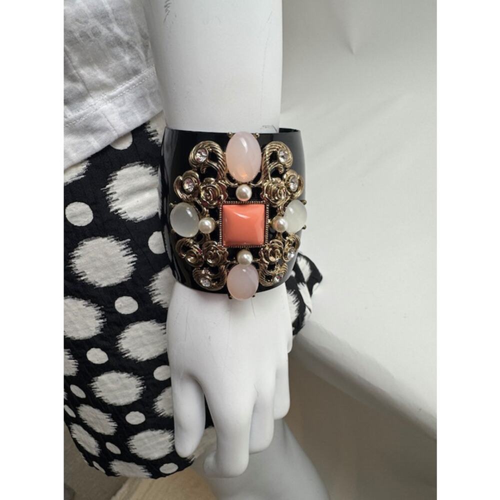 Pearl Crystal Jeweled Cuff Bracelet Gold Tone Statement Bangle